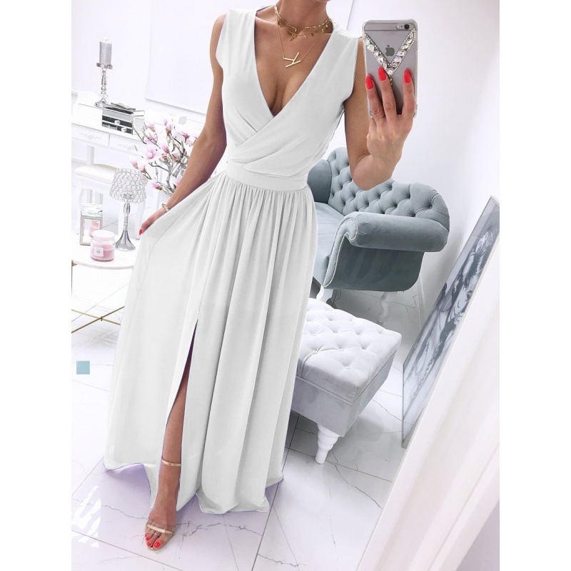 Women's Summer Sleeveless And Ankle Skirt Solid Color V-neck Front Split Long Dress - Image 5