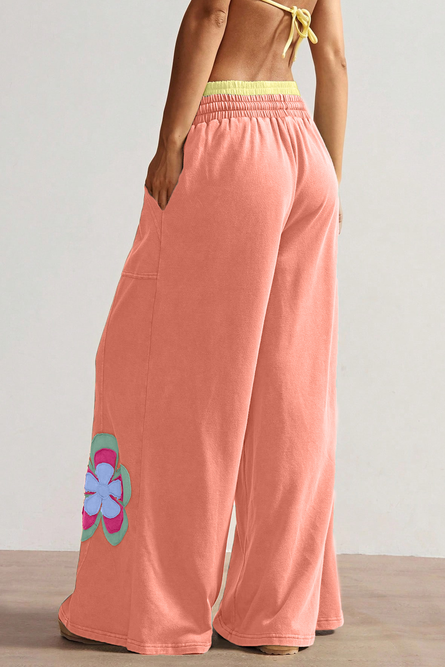 Grapefruit Orange Color Block Flower Patchwork Drawstring Contrasted Elastic Waist Wide Leg Pants - Image 2