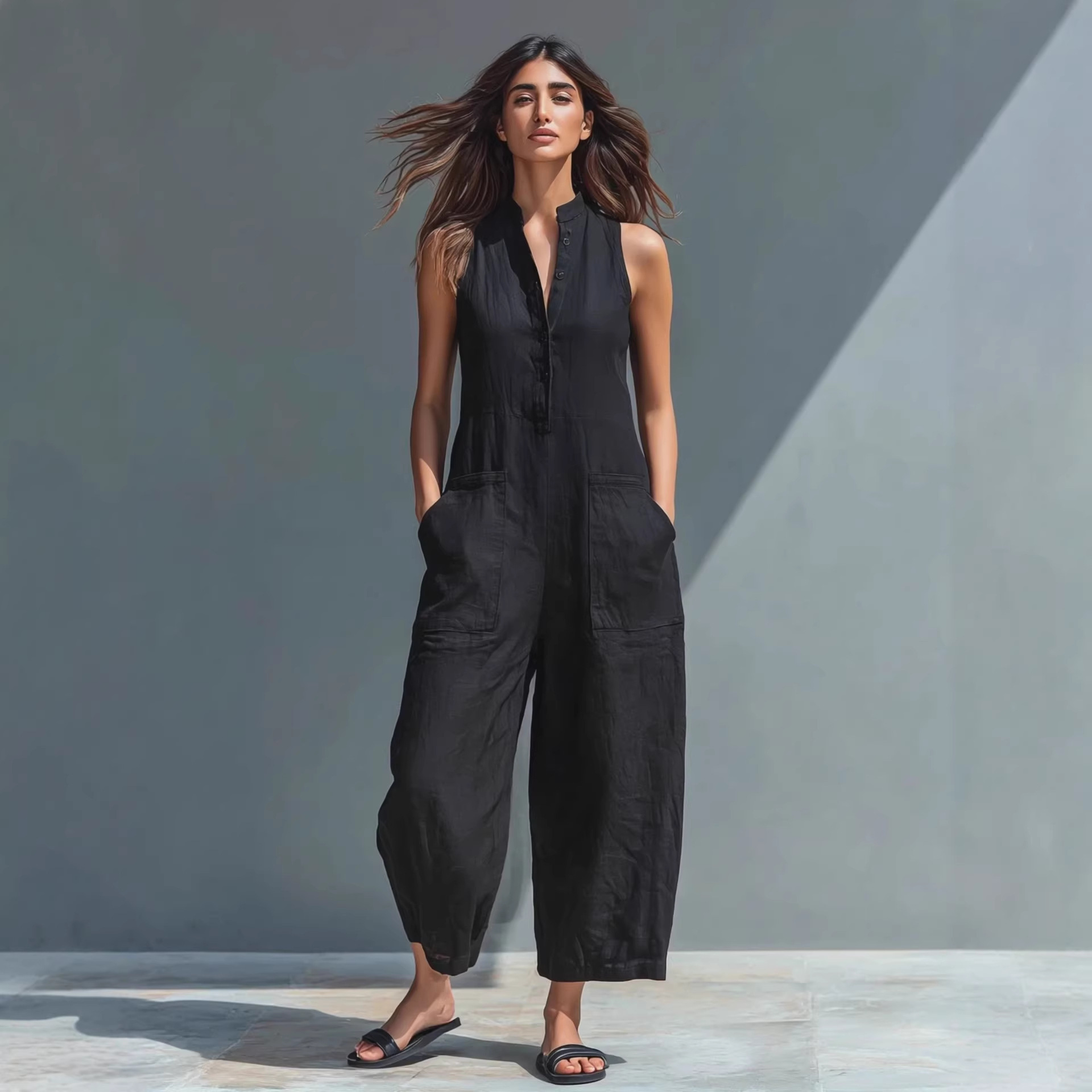 Summer Sleeveless Jumpsuit With Pockets Fashion Casual V-Neck Buttons Trousers Women's Overall Pants - Image 5