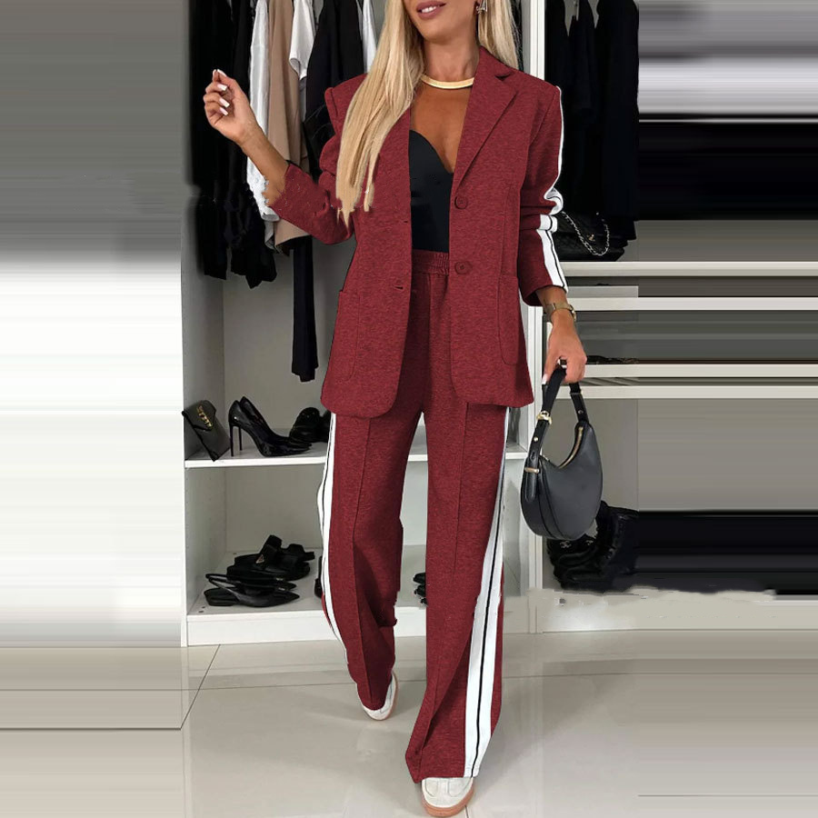 Women's Casual Suit Lapel Single-breasted Jacket And Striped Straight Pants Fashion Sports Trousers Suit Outerwears Clothing - Image 6