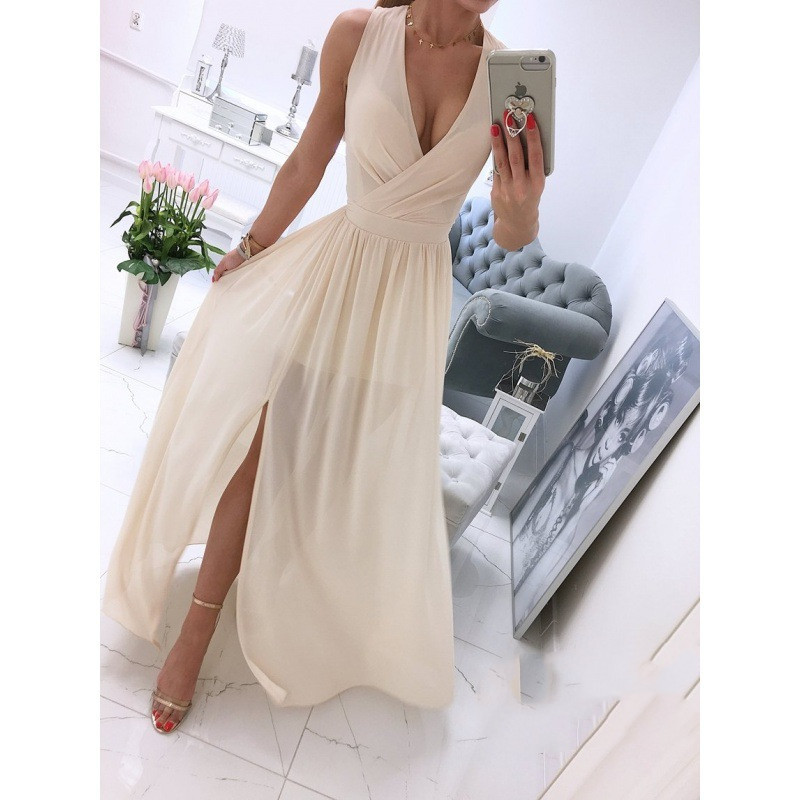 Women's Summer Sleeveless And Ankle Skirt Solid Color V-neck Front Split Long Dress - Image 3