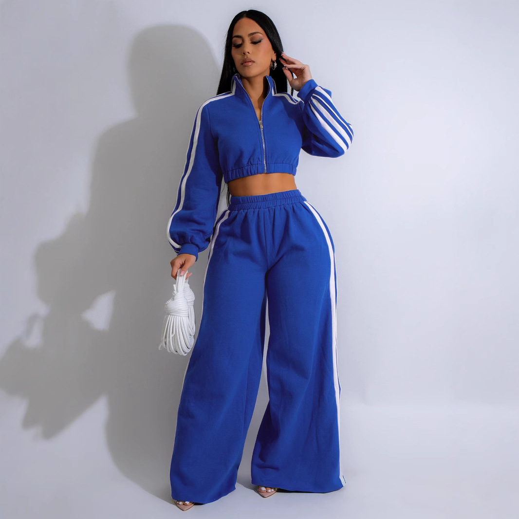 Striped Zippered Sweatshirt and Trousers Set - Image 3