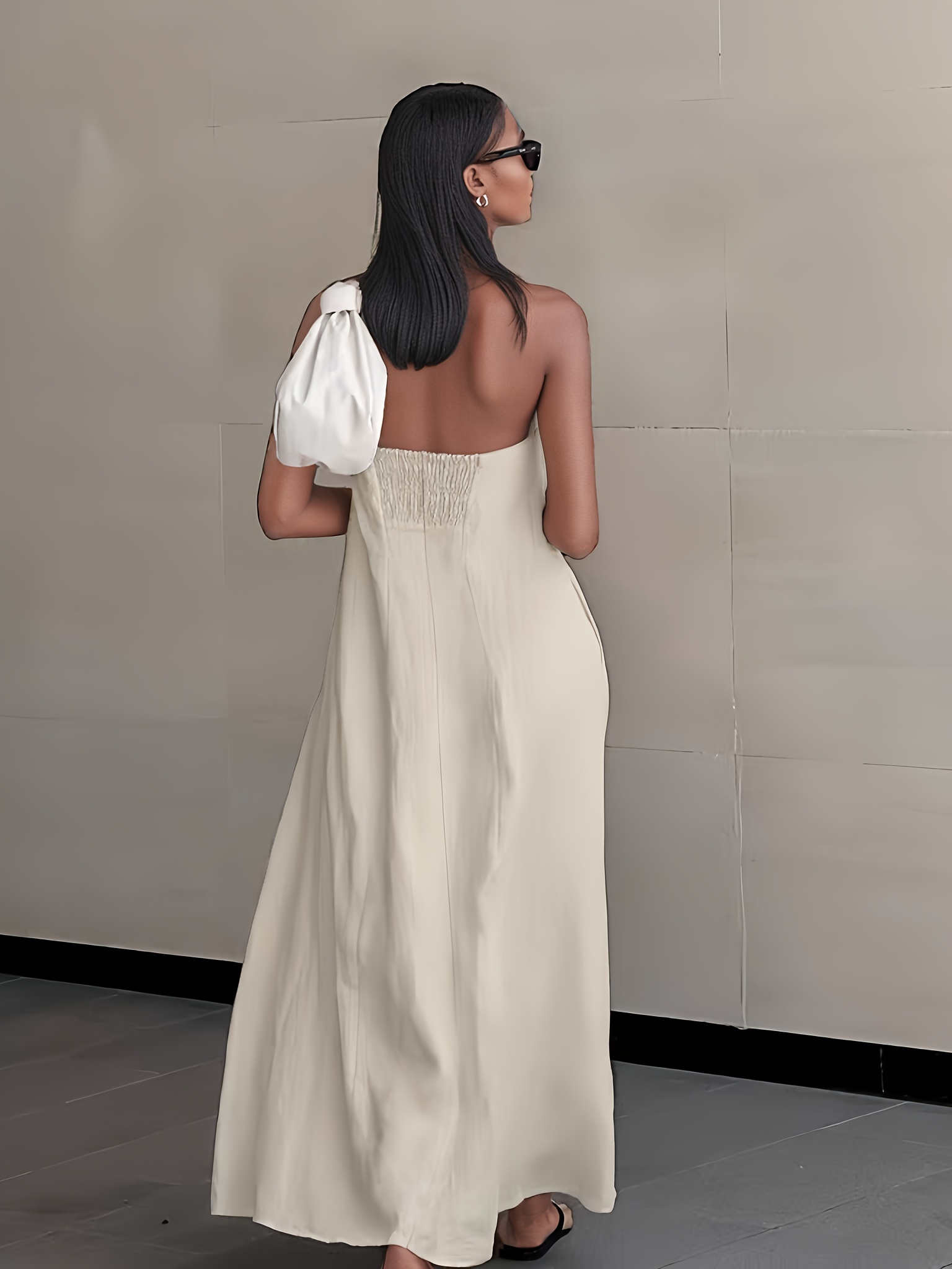 2026 NEW SUMMER Linen Women's High-Waisted Strapless Backless Patchwork Pocket Dress Lightweight Casual Vacation Dress With Smooth Texture, Solid Color Long Dress For Summer - Image 7
