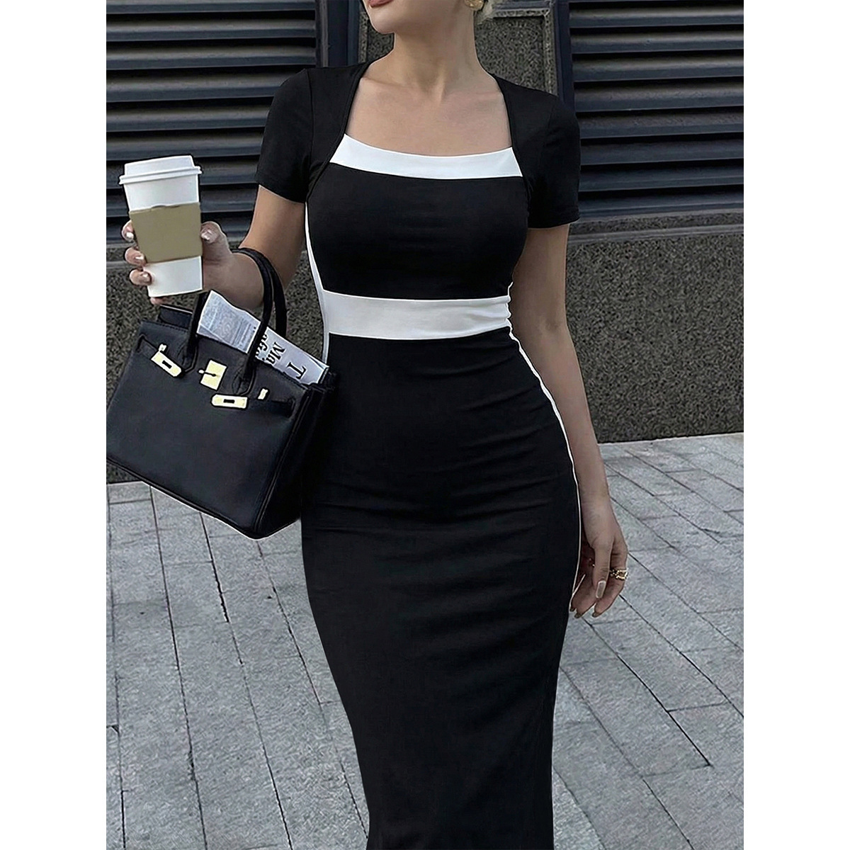 Black And White Contrast Square-neck Dress For Women - Image 4