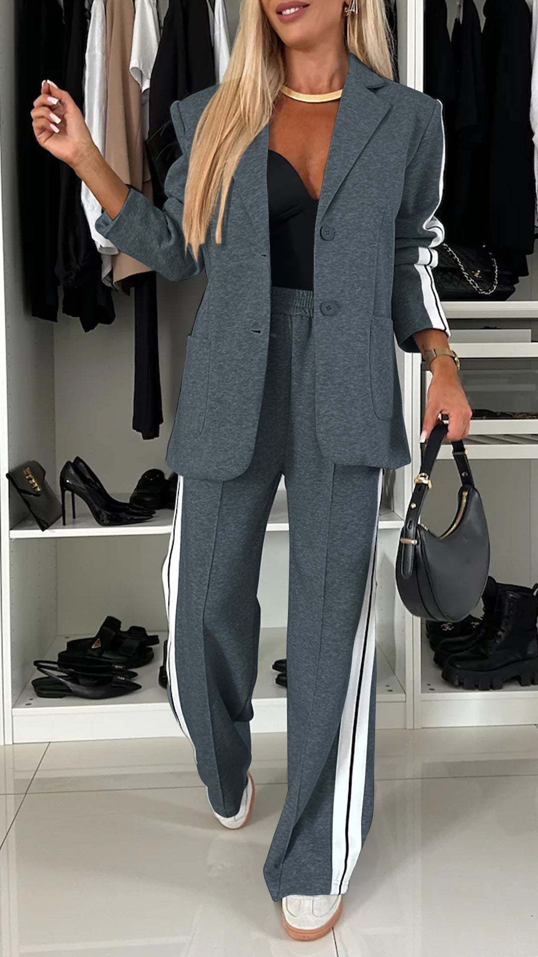 Women's Casual Suit Lapel Single-breasted Jacket And Striped Straight Pants Fashion Sports Trousers Suit Outerwears Clothing - Image 8