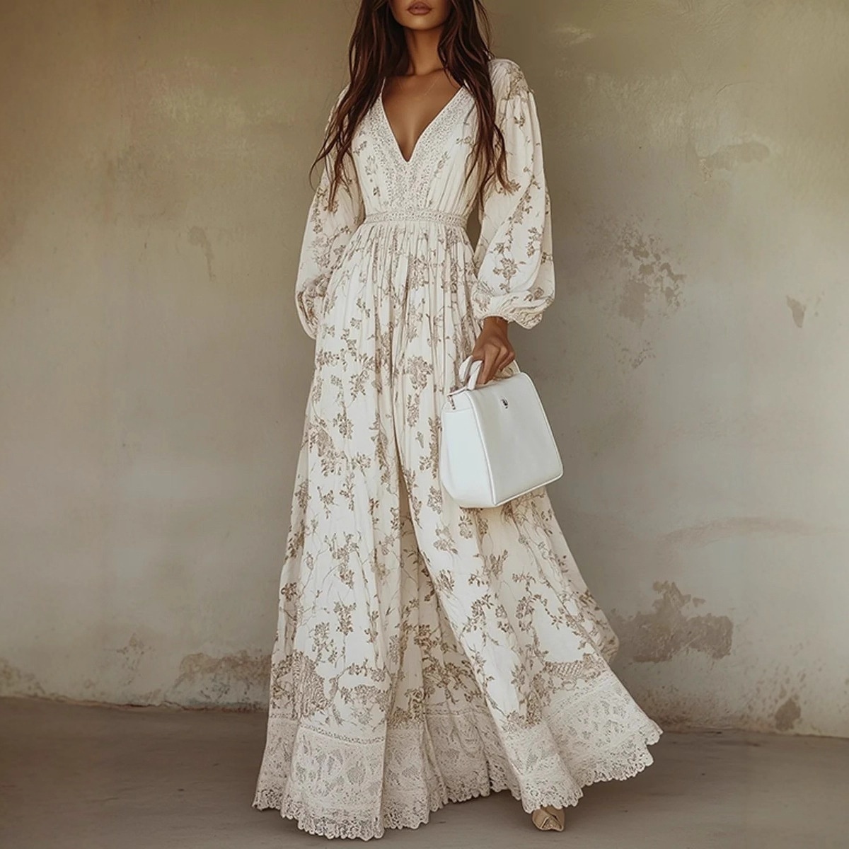 Elegant Women's Hollow Floor V-neck Long-sleeved Plant Dress Long Dresses Spring Summer Print V-neck Long Sleeve Dress - Image 7