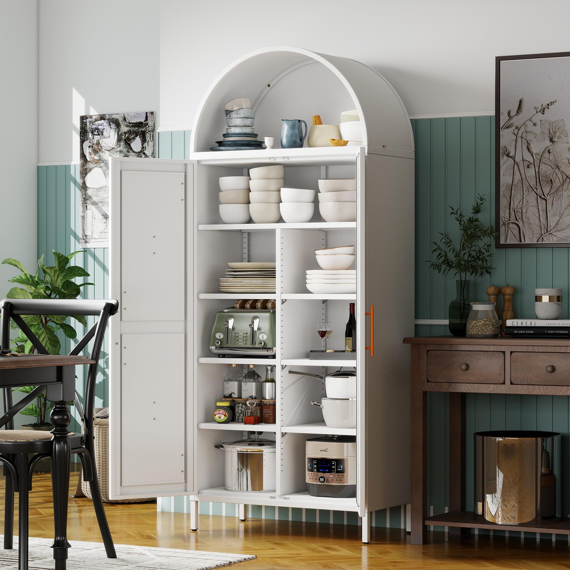 Metal Kitchen Pantry Storage Cabinet, Arched Bookcase With 6 Adjustable Shelves For Kitchen Living Room,White,Required Assembly - Image 6