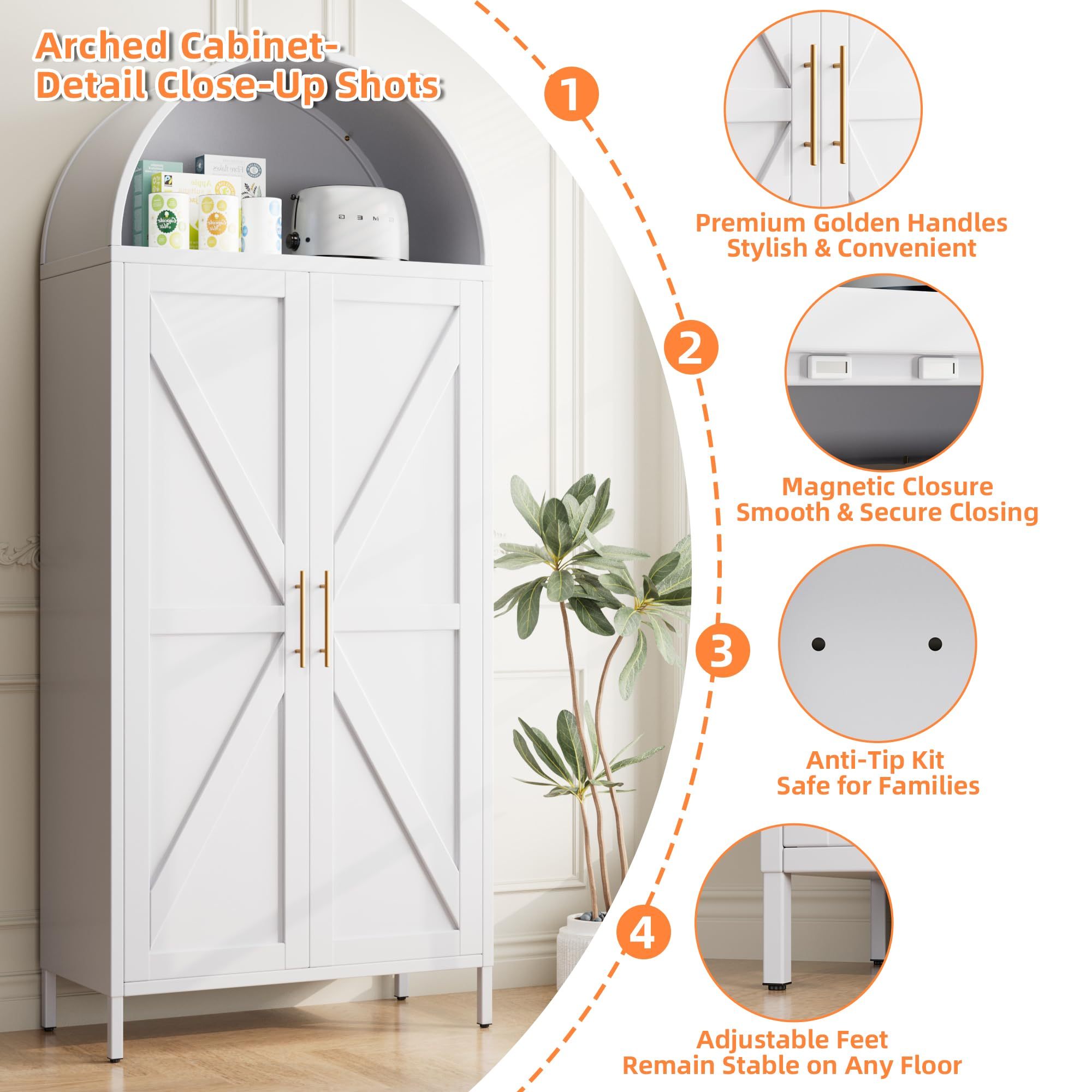Metal Kitchen Pantry Storage Cabinet, Arched Bookcase With 6 Adjustable Shelves For Kitchen Living Room,White,Required Assembly - Image 9