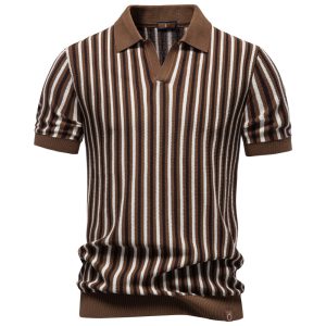 Summer New Notched Collar Stylish Striped Short-Sleeve Top