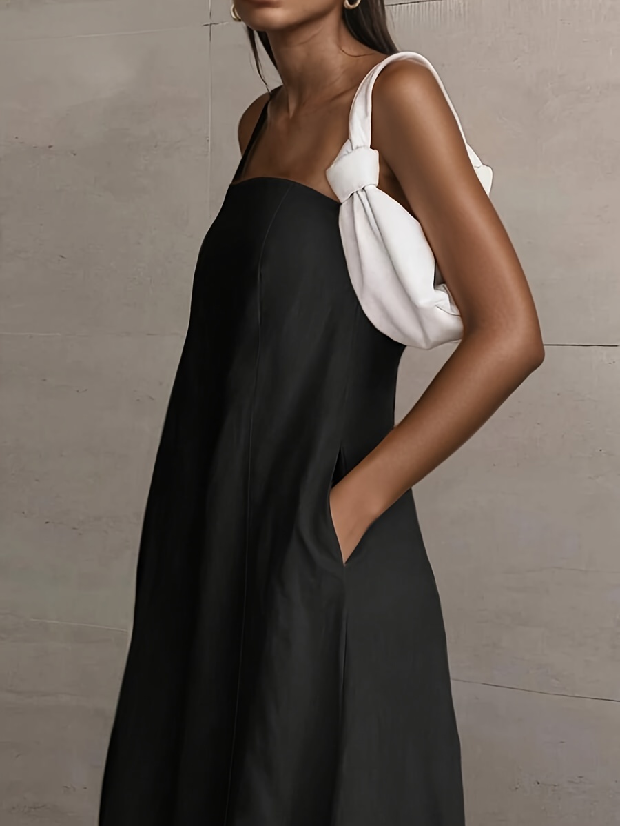 2026 NEW SUMMER Linen Women's High-Waisted Strapless Backless Patchwork Pocket Dress Lightweight Casual Vacation Dress With Smooth Texture, Solid Color Long Dress For Summer - Image 9
