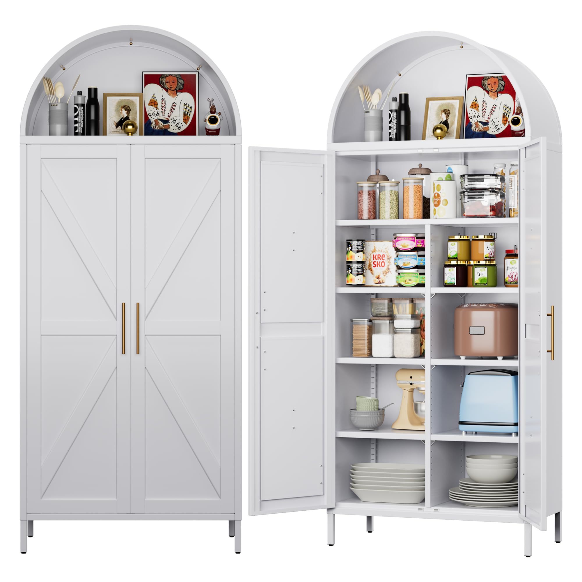 Metal Kitchen Pantry Storage Cabinet, Arched Bookcase With 6 Adjustable Shelves For Kitchen Living Room,White,Required Assembly - Image 7