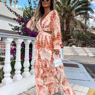 Elegant Women's Hollow Floor V-neck Long-sleeved Plant Dress Long Dresses Spring Summer Print V-neck Long Sleeve Dress - Image 2