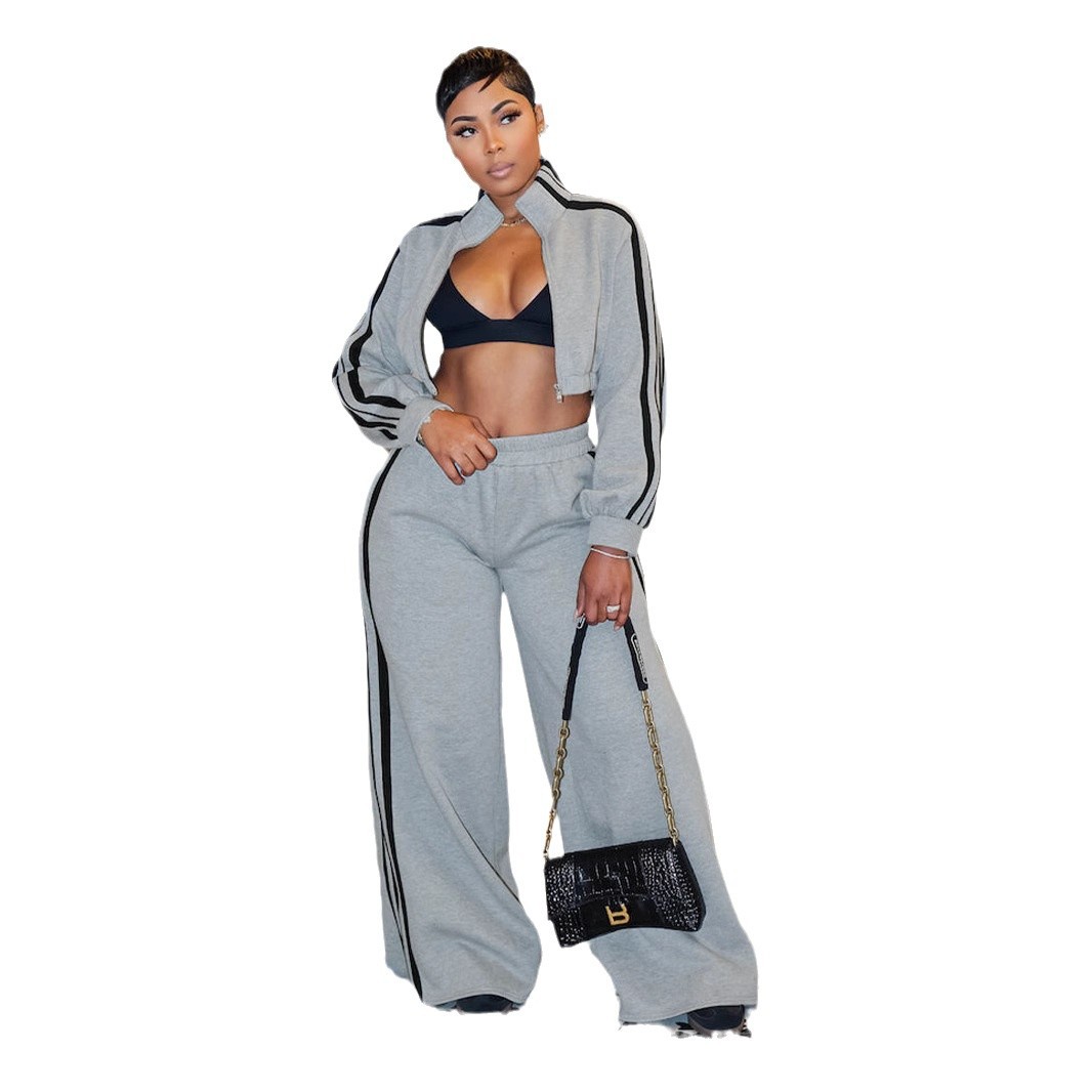 Striped Zippered Sweatshirt and Trousers Set - Image 5