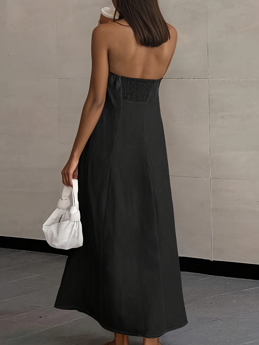 2026 NEW SUMMER Linen Women's High-Waisted Strapless Backless Patchwork Pocket Dress Lightweight Casual Vacation Dress With Smooth Texture, Solid Color Long Dress For Summer - Image 10