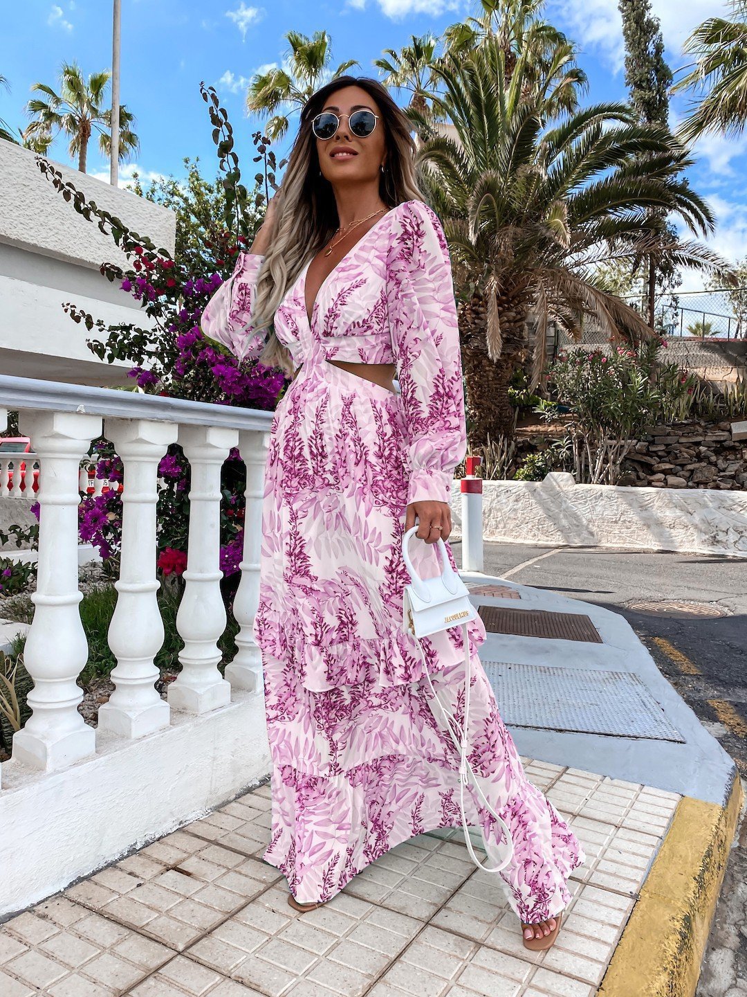 Elegant Women's Hollow Floor V-neck Long-sleeved Plant Dress Long Dresses Spring Summer Print V-neck Long Sleeve Dress - Image 5