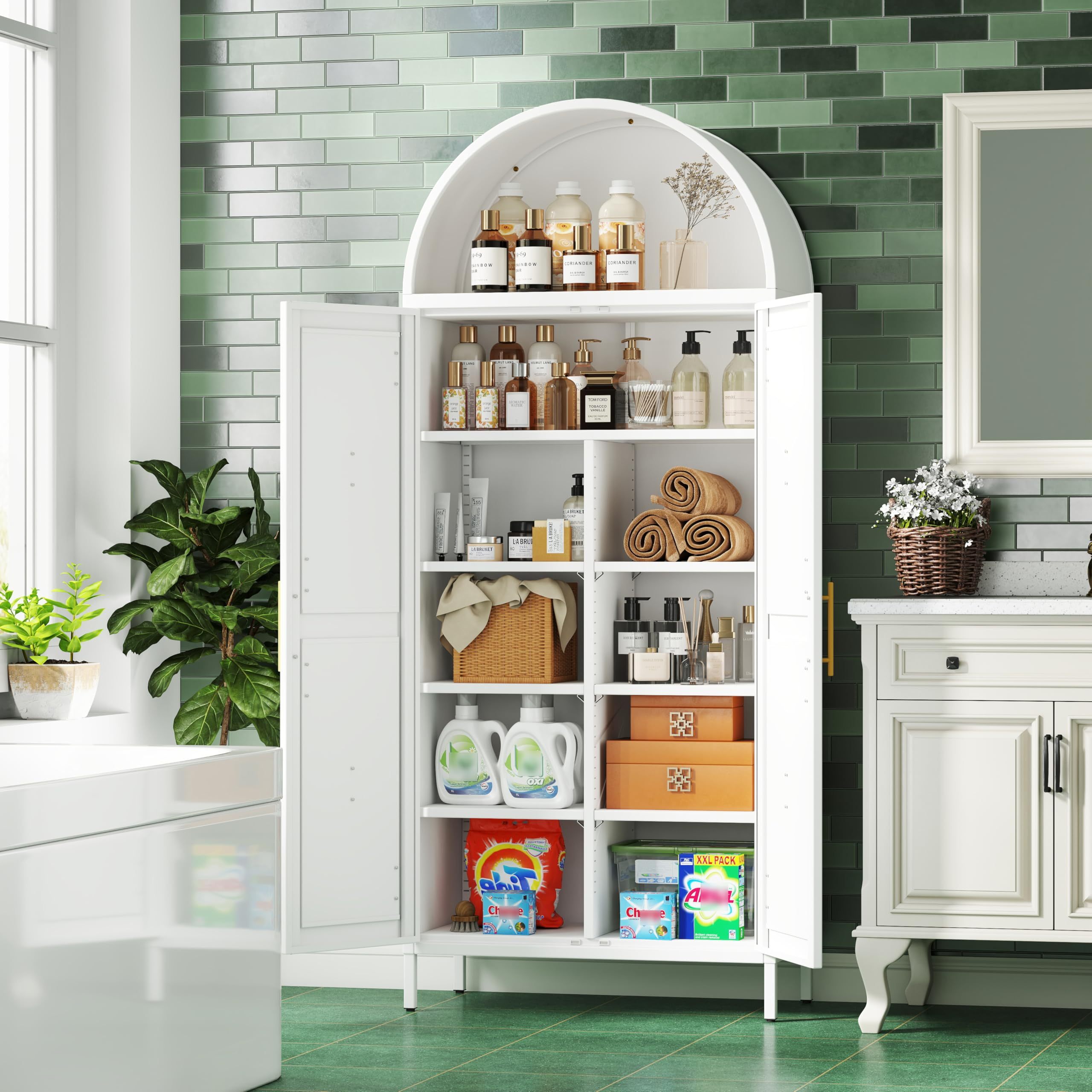 Metal Kitchen Pantry Storage Cabinet, Arched Bookcase With 6 Adjustable Shelves For Kitchen Living Room,White,Required Assembly - Image 5