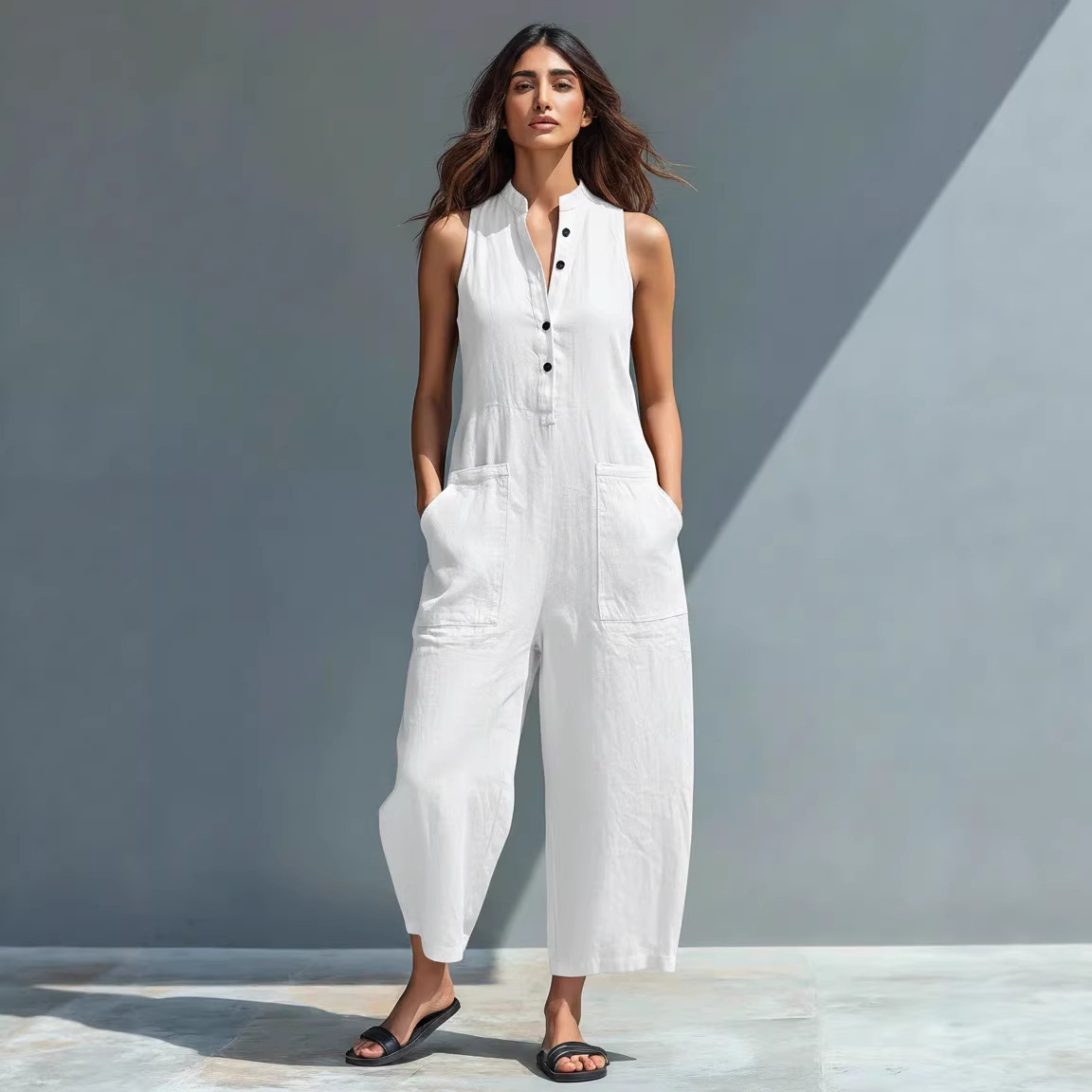 Summer Sleeveless Jumpsuit With Pockets Fashion Casual V-Neck Buttons Trousers Women's Overall Pants - Image 2