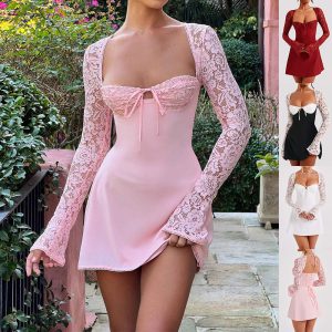 Y2K Lace Long Sleeve Dress Fashion Sexy Corset Backless Lace Up Short Dresses Womens Clothing
