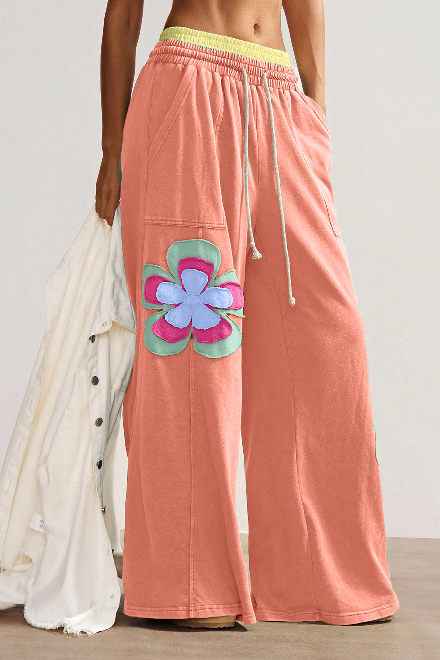 Grapefruit Orange Color Block Flower Patchwork Drawstring Contrasted Elastic Waist Wide Leg Pants - Image 3