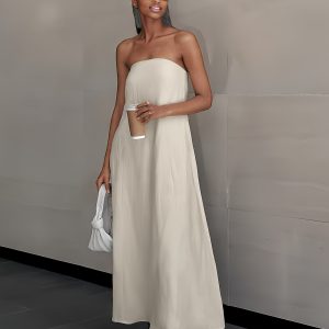 2026 NEW SUMMER Linen Women's High-Waisted Strapless Backless Patchwork Pocket Dress Lightweight Casual Vacation Dress With Smooth Texture, Solid Color Long Dress For Summer