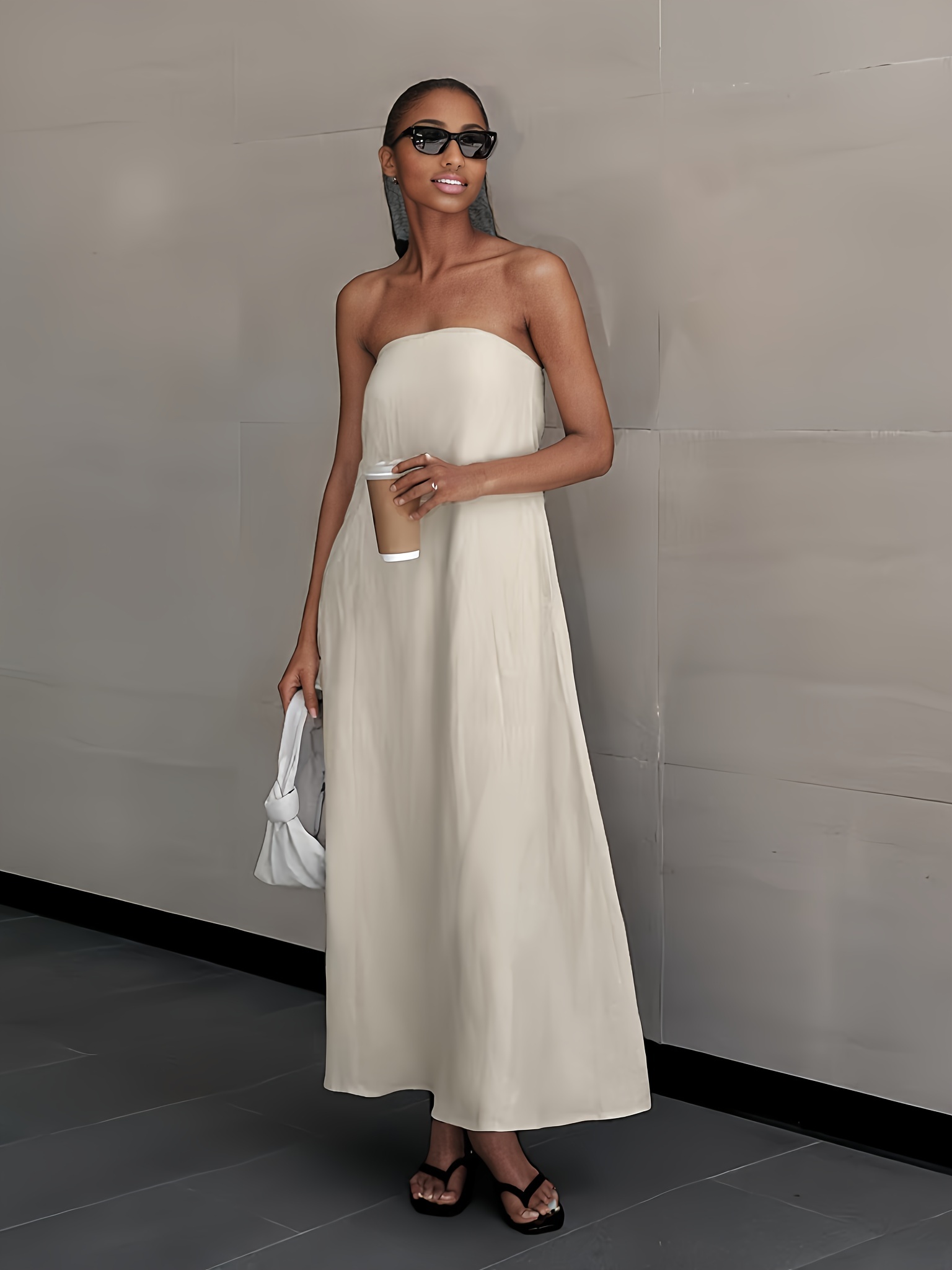 2026 NEW SUMMER Linen Women's High-Waisted Strapless Backless Patchwork Pocket Dress Lightweight Casual Vacation Dress With Smooth Texture, Solid Color Long Dress For Summer