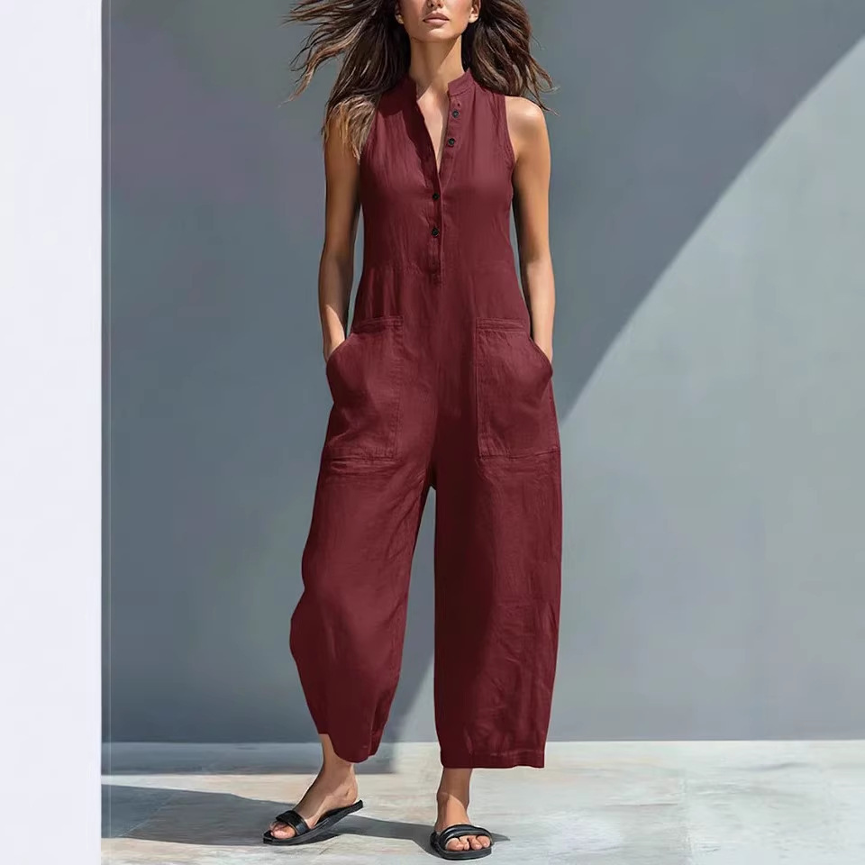 Summer Sleeveless Jumpsuit With Pockets Fashion Casual V-Neck Buttons Trousers Women's Overall Pants - Image 9