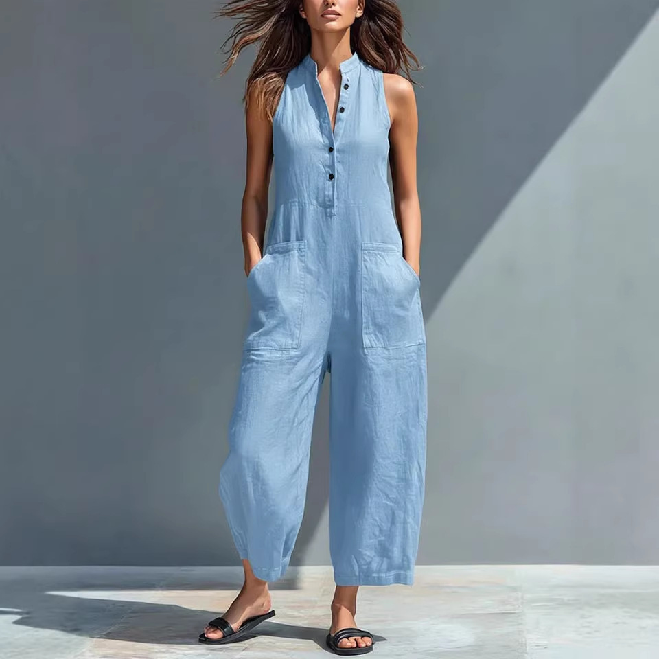 Summer Sleeveless Jumpsuit With Pockets Fashion Casual V-Neck Buttons Trousers Women's Overall Pants - Image 4