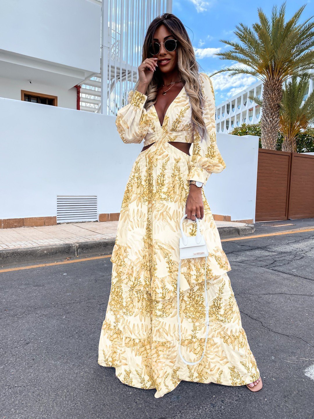 Elegant Women's Hollow Floor V-neck Long-sleeved Plant Dress Long Dresses Spring Summer Print V-neck Long Sleeve Dress - Image 8