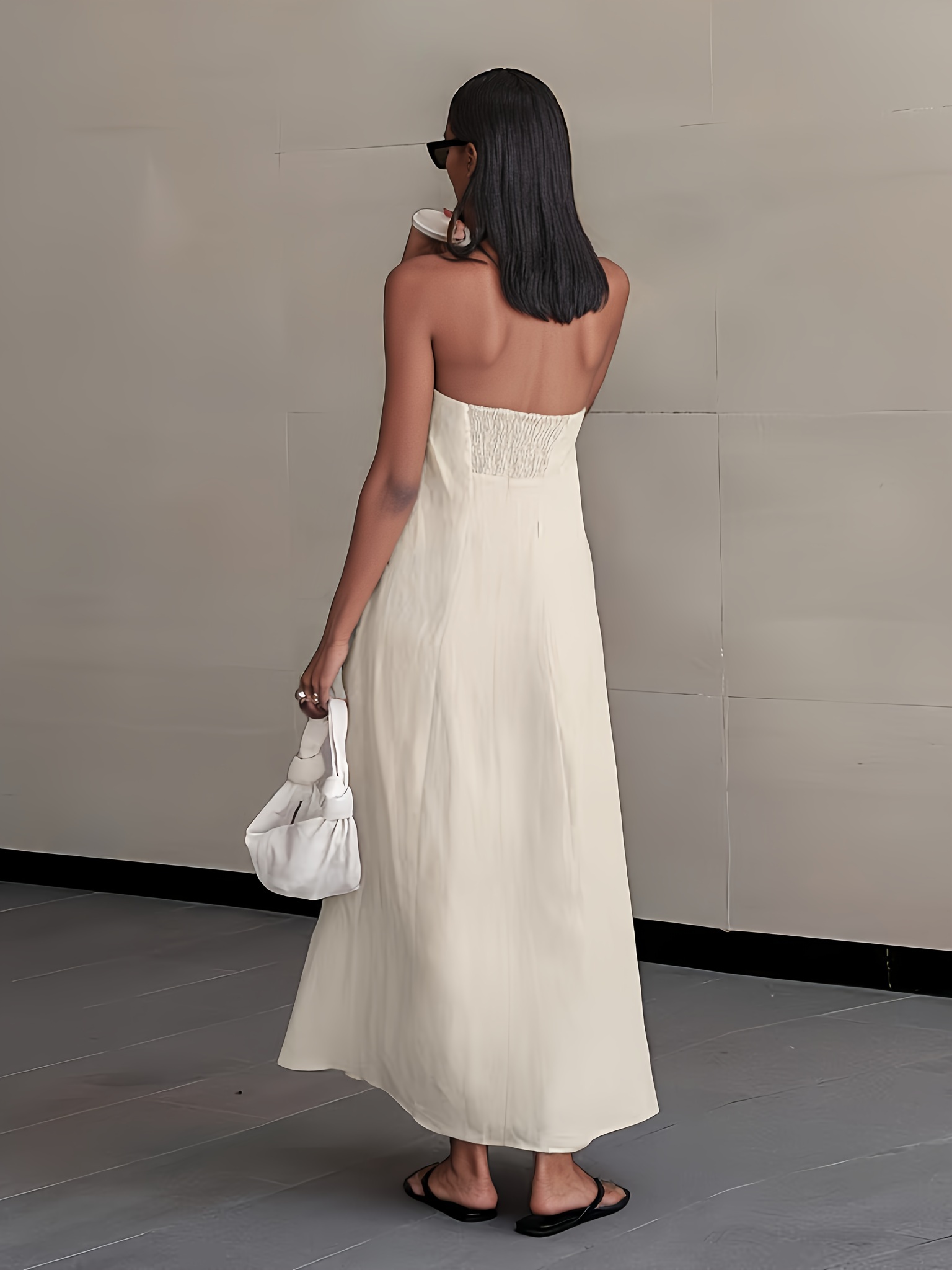 2026 NEW SUMMER Linen Women's High-Waisted Strapless Backless Patchwork Pocket Dress Lightweight Casual Vacation Dress With Smooth Texture, Solid Color Long Dress For Summer - Image 6