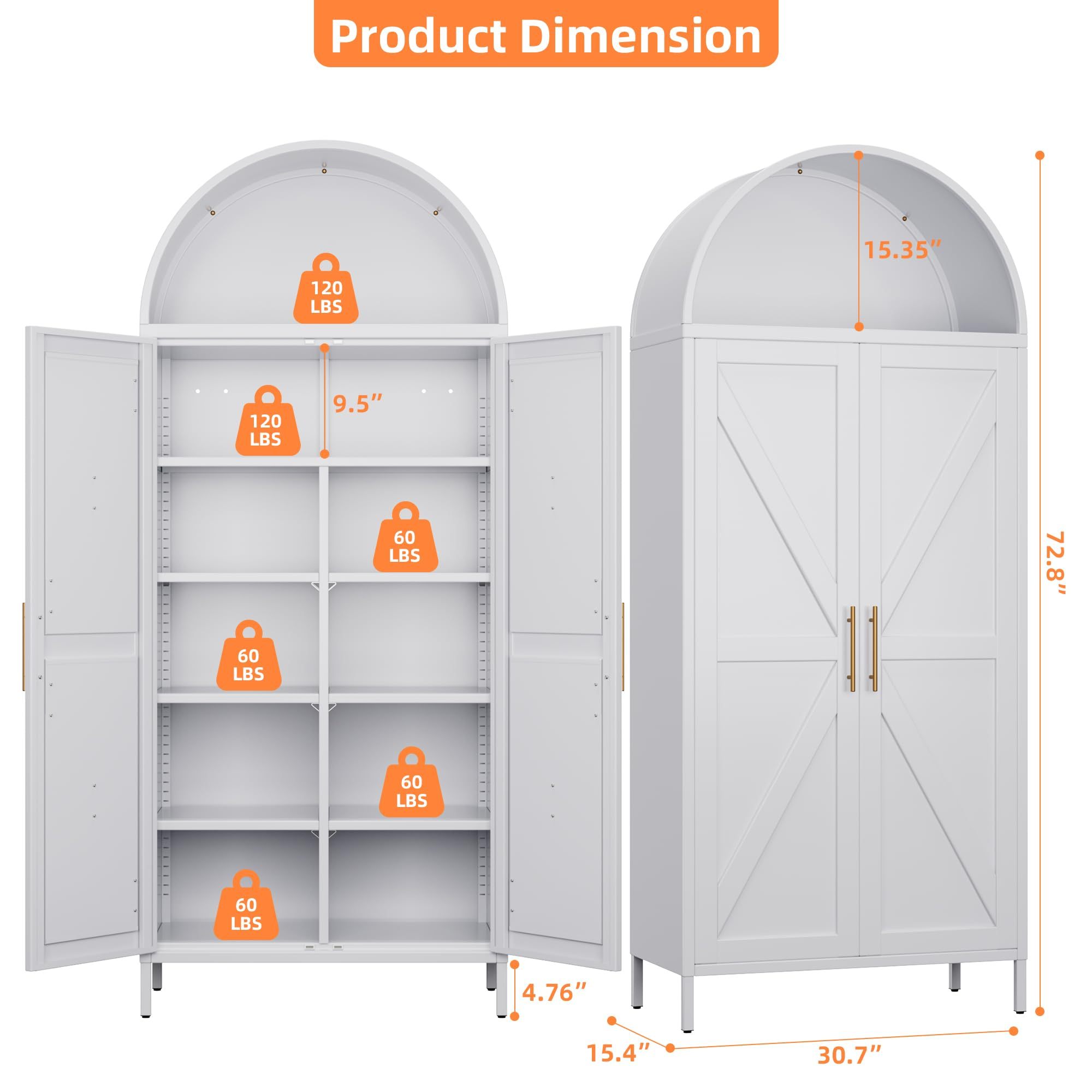 Metal Kitchen Pantry Storage Cabinet, Arched Bookcase With 6 Adjustable Shelves For Kitchen Living Room,White,Required Assembly - Image 3