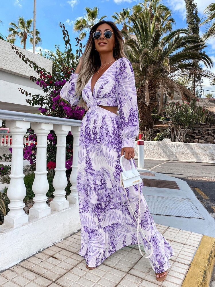 Elegant Women's Hollow Floor V-neck Long-sleeved Plant Dress Long Dresses Spring Summer Print V-neck Long Sleeve Dress - Image 3