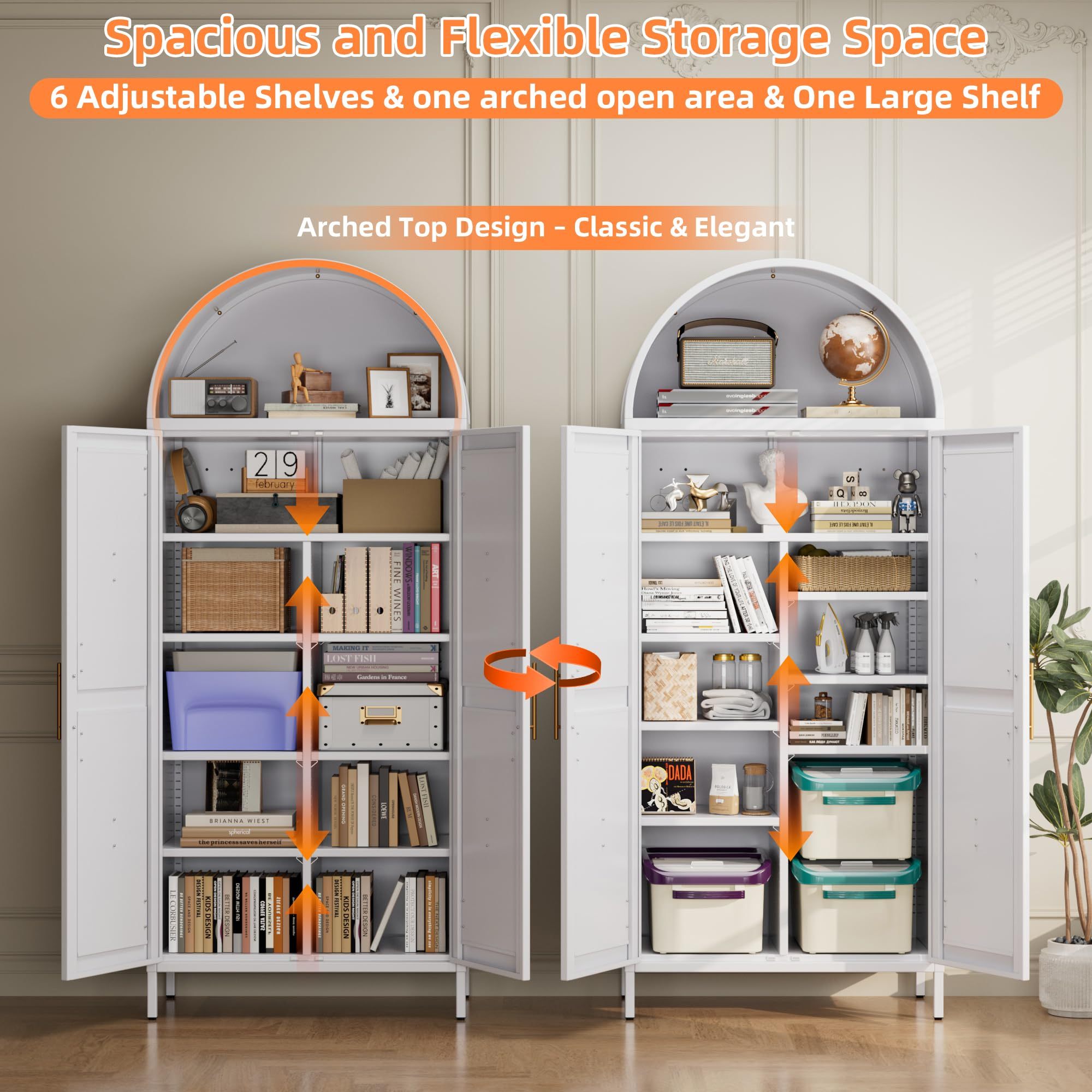 Metal Kitchen Pantry Storage Cabinet, Arched Bookcase With 6 Adjustable Shelves For Kitchen Living Room,White,Required Assembly - Image 8