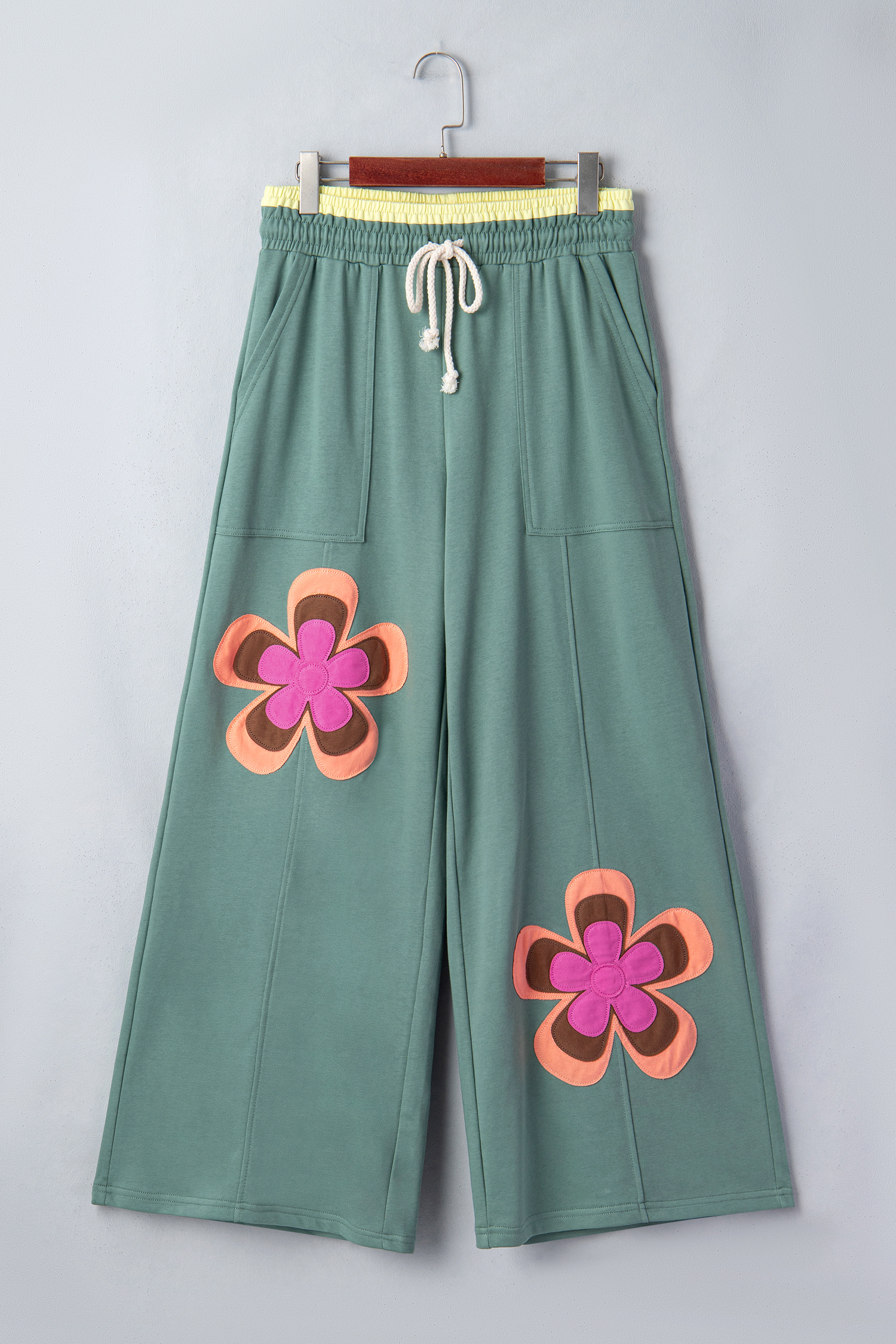 Grapefruit Orange Color Block Flower Patchwork Drawstring Contrasted Elastic Waist Wide Leg Pants - Image 5