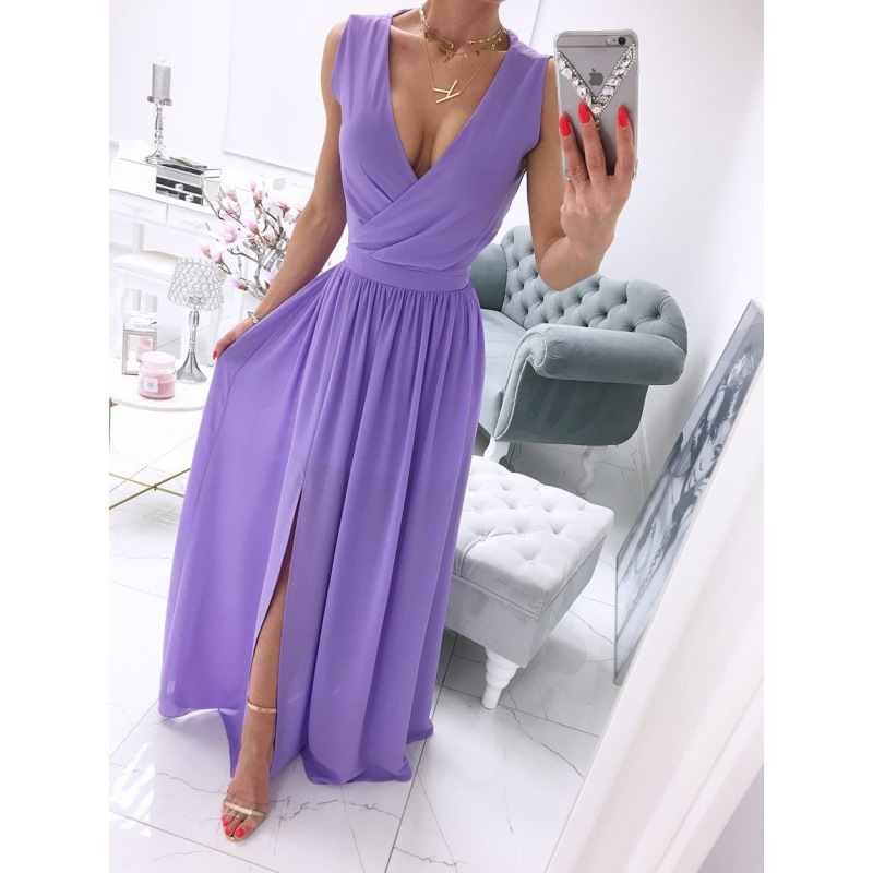 Women's Summer Sleeveless And Ankle Skirt Solid Color V-neck Front Split Long Dress - Image 4