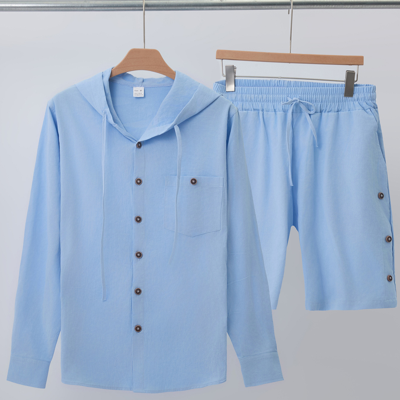Pure Color Cotton and Linen Casual Long-Sleeved Shirt Shorts Suit - Image 5