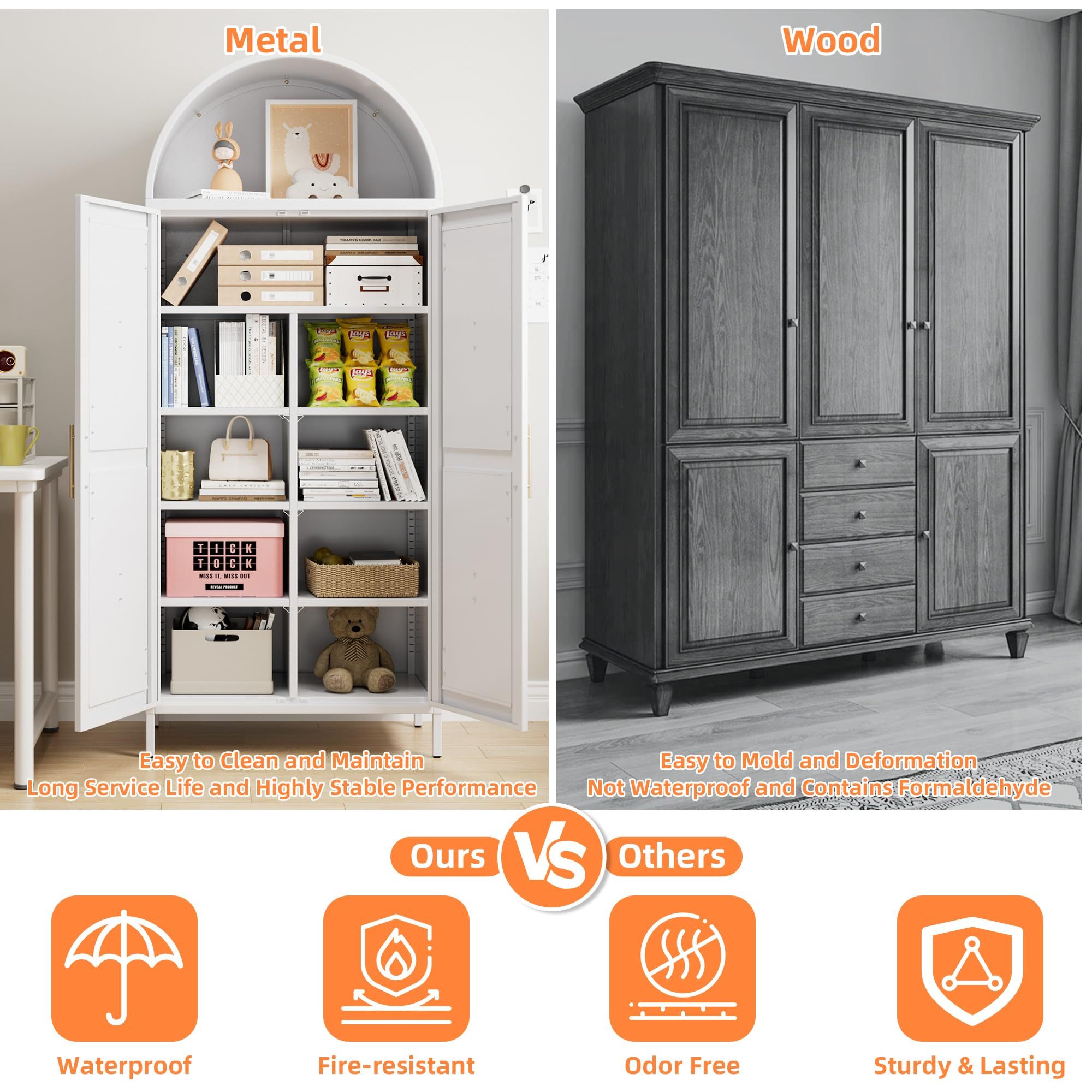 Metal Kitchen Pantry Storage Cabinet, Arched Bookcase With 6 Adjustable Shelves For Kitchen Living Room,White,Required Assembly - Image 4