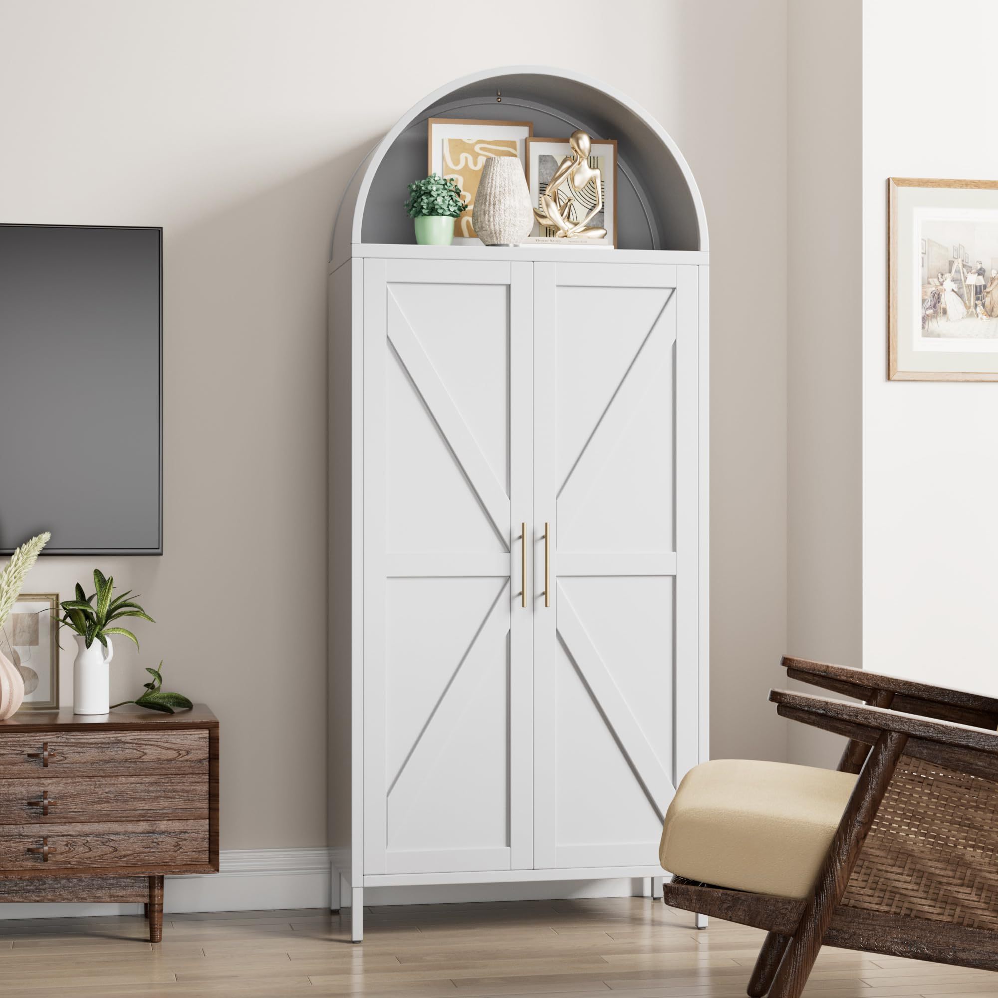 Metal Kitchen Pantry Storage Cabinet, Arched Bookcase With 6 Adjustable Shelves For Kitchen Living Room,White,Required Assembly