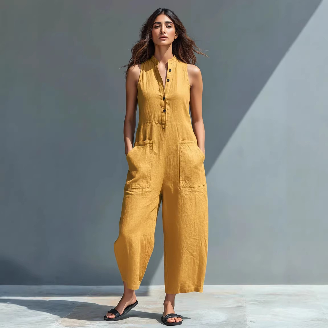 Summer Sleeveless Jumpsuit With Pockets Fashion Casual V-Neck Buttons Trousers Women's Overall Pants - Image 6