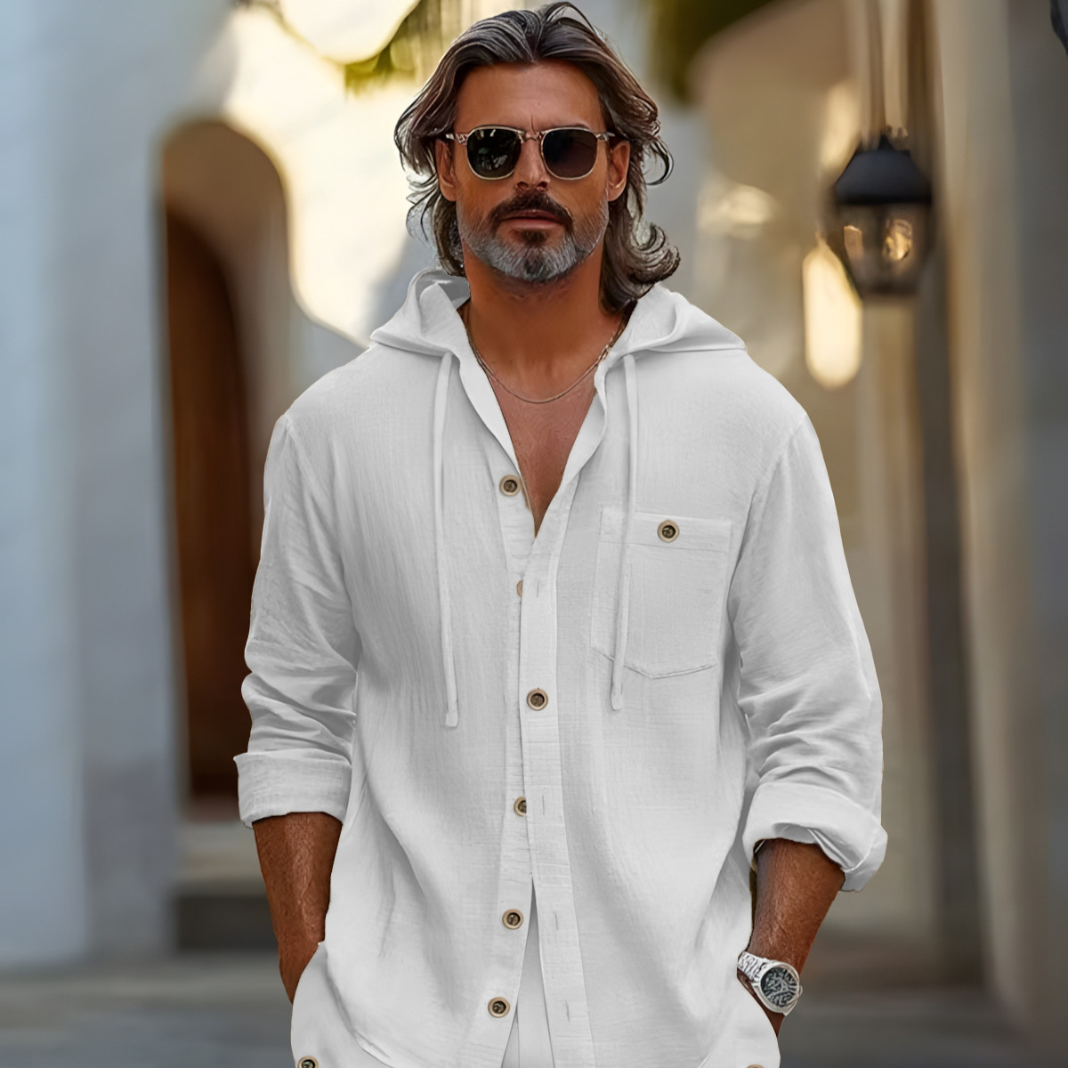 Pure Color Cotton and Linen Casual Long-Sleeved Shirt Shorts Suit - Image 3