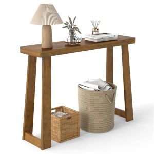 Walnut Solid Rubber Wood Narrow Console Table, 43" Space-Saving Entryway Table For Small Hallways