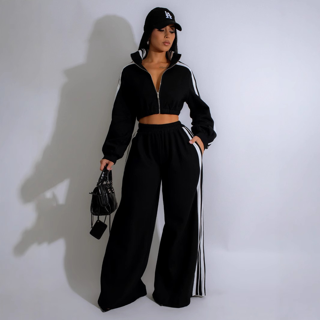 Striped Zippered Sweatshirt and Trousers Set - Image 2
