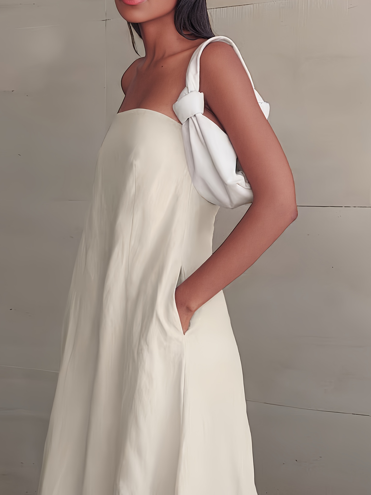 2026 NEW SUMMER Linen Women's High-Waisted Strapless Backless Patchwork Pocket Dress Lightweight Casual Vacation Dress With Smooth Texture, Solid Color Long Dress For Summer - Image 3