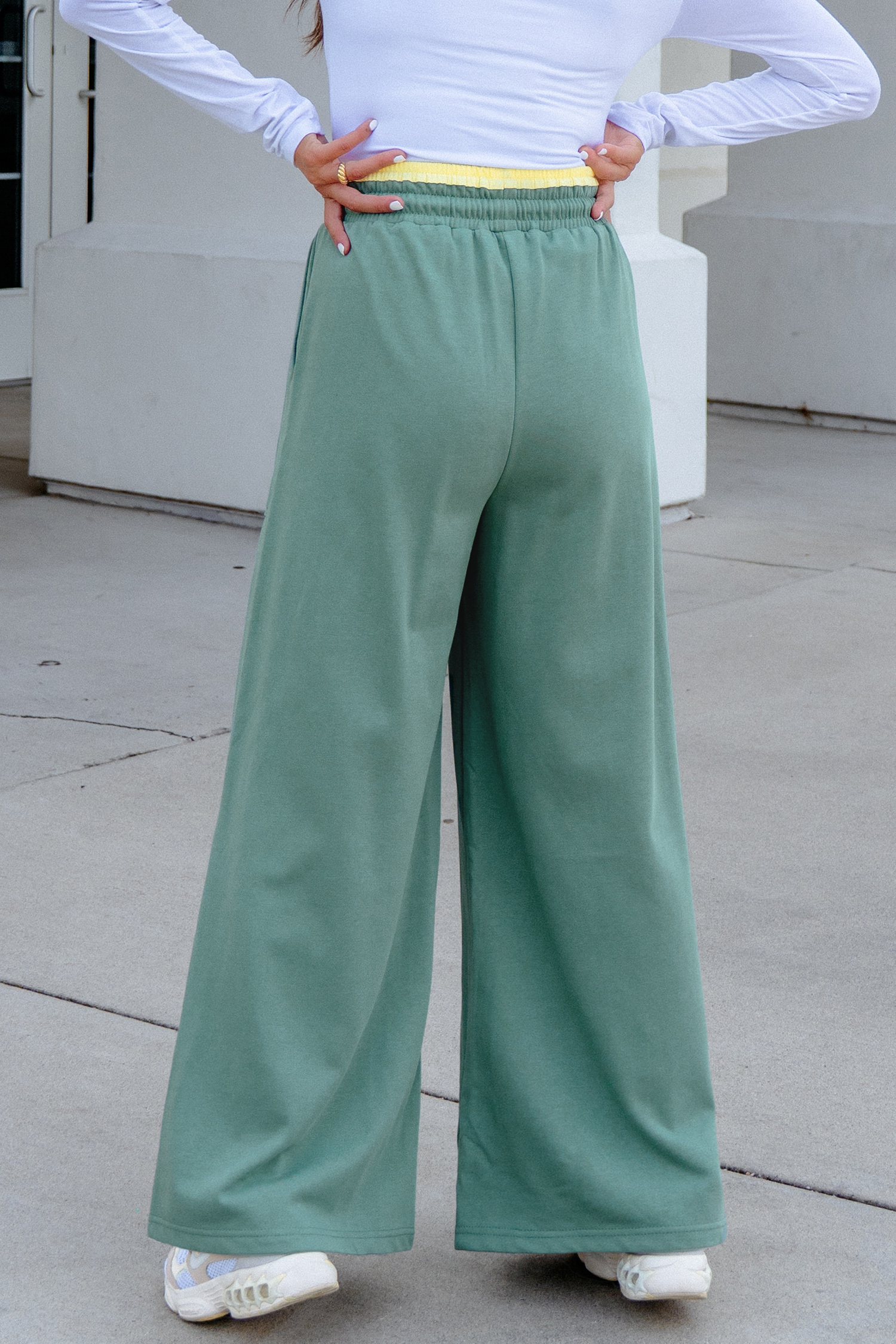 Grapefruit Orange Color Block Flower Patchwork Drawstring Contrasted Elastic Waist Wide Leg Pants - Image 7