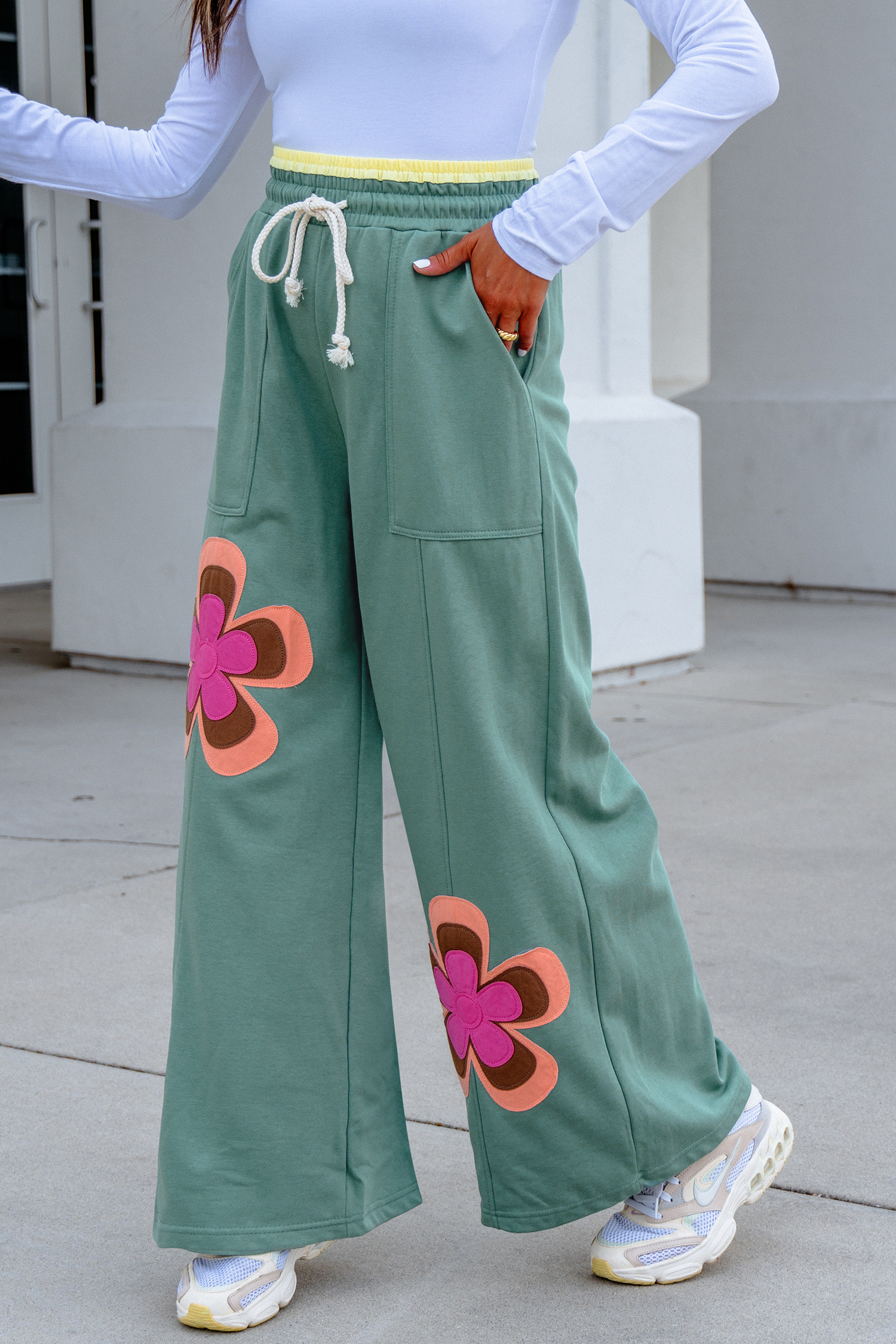 Grapefruit Orange Color Block Flower Patchwork Drawstring Contrasted Elastic Waist Wide Leg Pants - Image 9