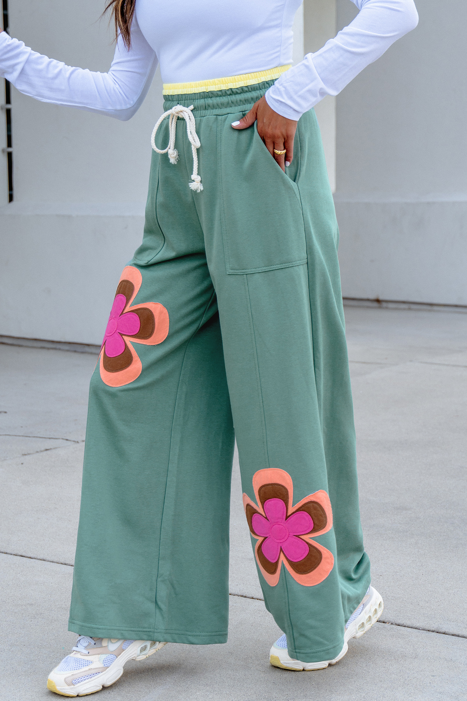 Grapefruit Orange Color Block Flower Patchwork Drawstring Contrasted Elastic Waist Wide Leg Pants - Image 8