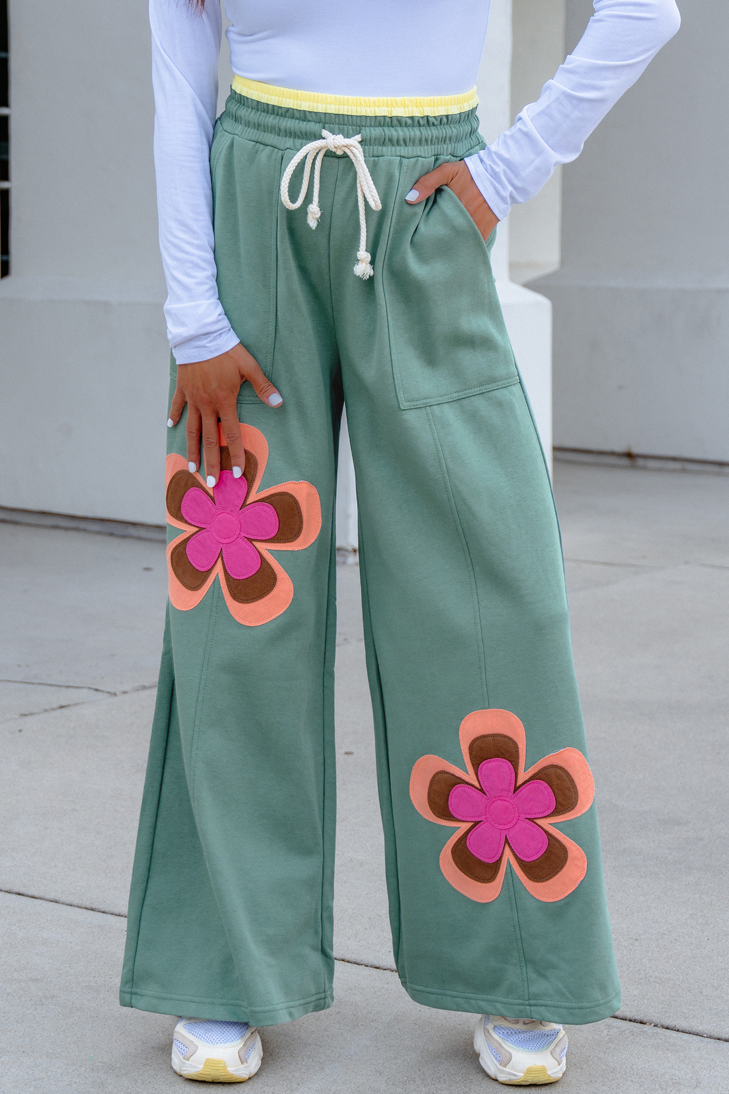 Grapefruit Orange Color Block Flower Patchwork Drawstring Contrasted Elastic Waist Wide Leg Pants - Image 6